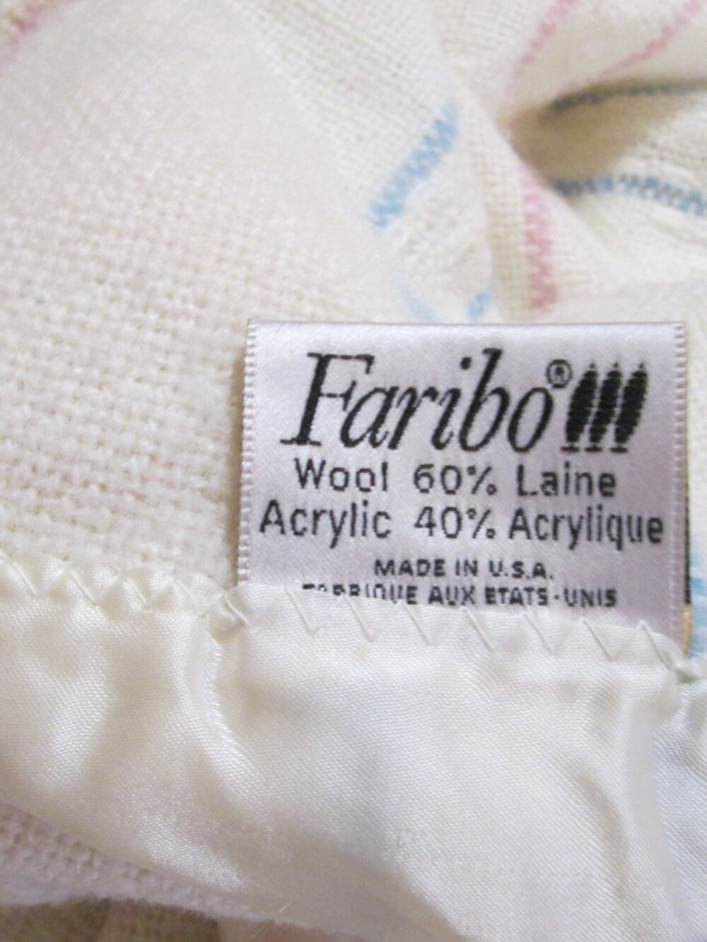 VTG FARBIO wool blend blanket 72 x84 white pastel stripes silky ends - Picture 2 of 7